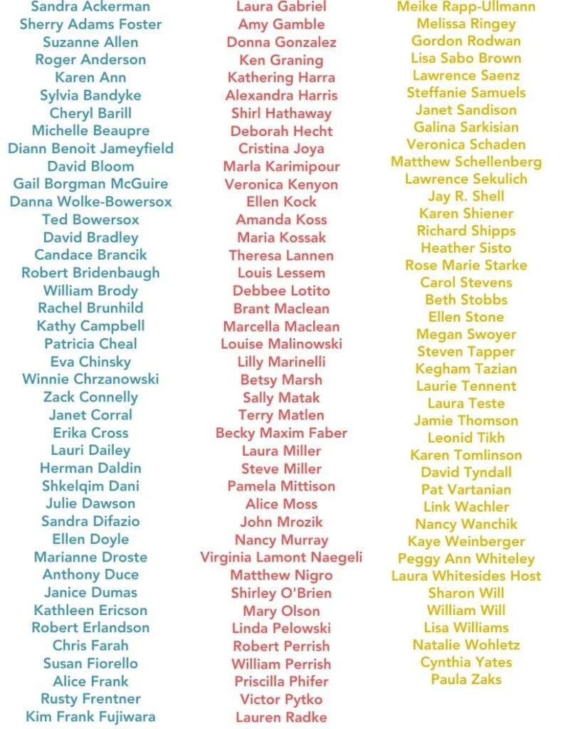 Color-coded list of names for Our Town 2024 arranged in five columns on a white background. Names appear in blue, red, or yellow, with each color representing a distinct group within the list.