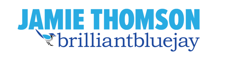 Logo with the name JAMIE THOMSON in bold blue letters above the text brilliantbluejay in lowercase, accompanied by a small blue and grey stylized blue jay illustration.
