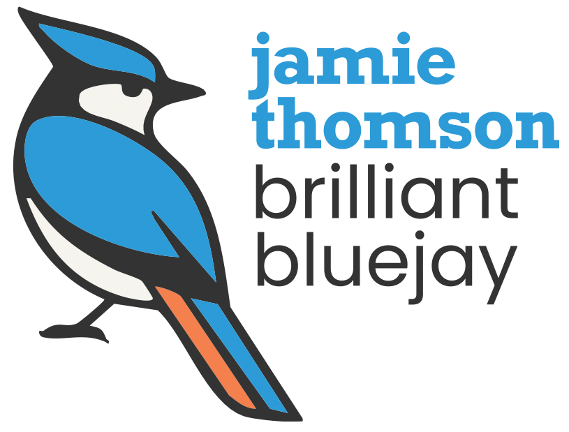 Illustration of a blue jay next to the text “jamie thomson brilliant bluejay.” The bird is stylized with blue, black, and white colors, and the text uses bold blue and black fonts.