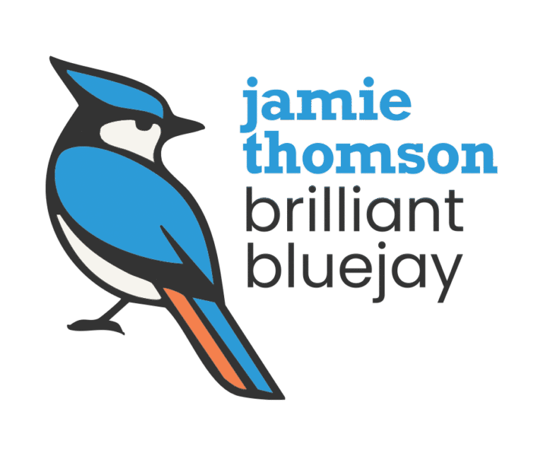 Stylized illustration of a bluejay bird beside the text jamie thomson brilliant bluejay. The words jamie thomson are in blue, and brilliant bluejay is in black.