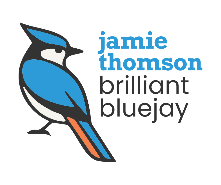 Stylized illustration of a bluejay bird beside the text jamie thomson brilliant bluejay. The words jamie thomson are in blue, and brilliant bluejay is in black.